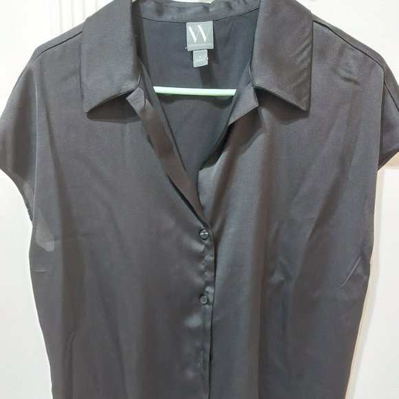 Worthington Womens Satin Black Short Sleeve Regular Fit Button-Down Shirt MEDIUM - Picture 7 of 9